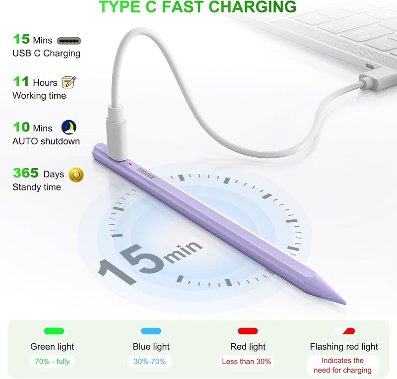 HATOKU Stylus Pen for iPad 2018-2025: 15 Mins Fast Charging Pencil 1 Generation with Tilt Sensitivity Palm Rejection - Work for iPad Air 3 4 5 M2 M3- Pro 11" 12.9" M4 - Mini 5 6 - iPad 6 7 8 9 10 11 (Purple) - Image 3